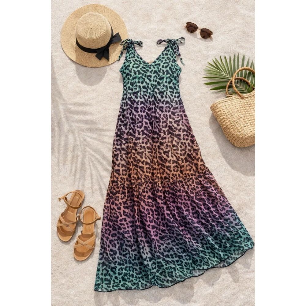 Juliet Dunn Leopard Print Maxi Dress One Size Multicolor Boho Resort Coverup - Picture 11 of 12